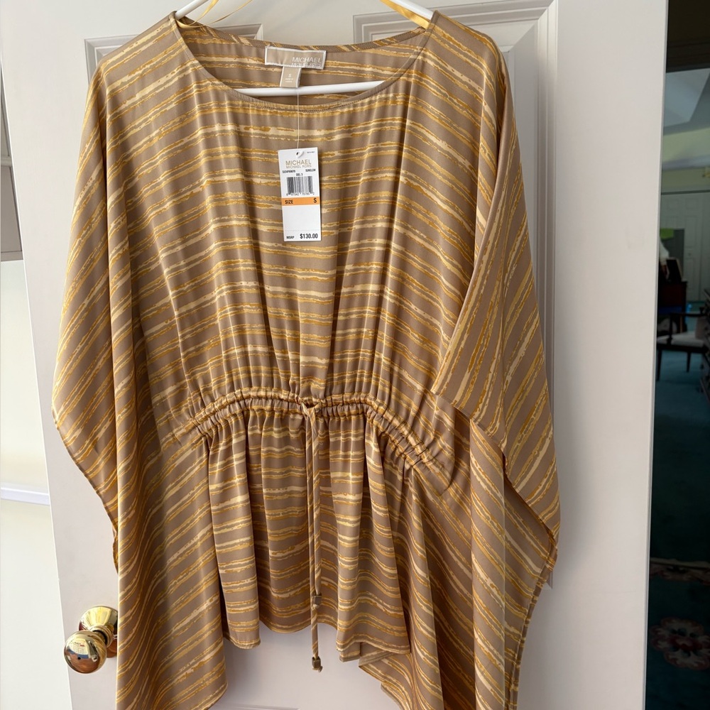Michael Kors Tan and Gold Striped Silky Top